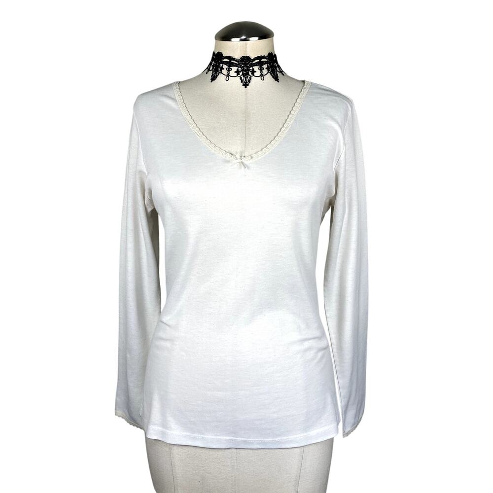 Vtg 90's Y2k Warm'nSilky Lace Trim Coquette Cottage White Soft Girl Longsleeve